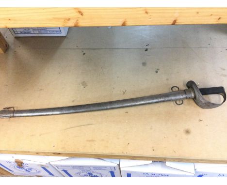 A British Victorian 1885 Pattern cavalry sword with scabbard , the sword has a curved blade and a basket hilt with a pierced 