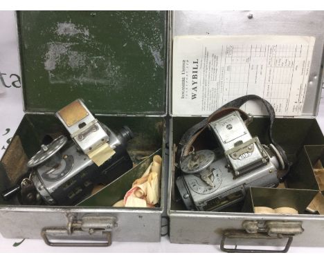 Two vintage bus conductor's ticket machines, one manufactured by TIM of Cirencester plus one other. Both housed in original c