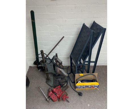 A mixed lot of tools to include a Bradbury trolley Jack, Ramps, pillar drill, sheet metal sheers, vice, foot pump, 1/2 ton ch
