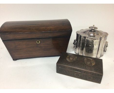 A Rosewood William IV tea caddy with a fitted interior a silver plated biscuit barrel and an Indian box (3)