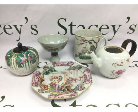 Five Oriental ceramic items comprising a teapot, octagonal dish etc. Shipping category D.