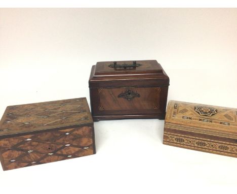 A George III mahogany and walnut inlaid tea caddy an olive wood box with two compartments and one other box (3)