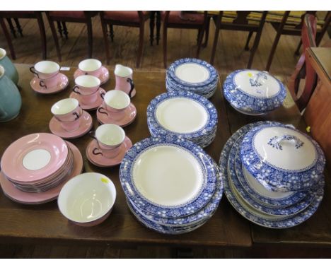 A Royal Albert pink and black part tea service, (39 pieces) and a Rutland pattern blue and white dinner service