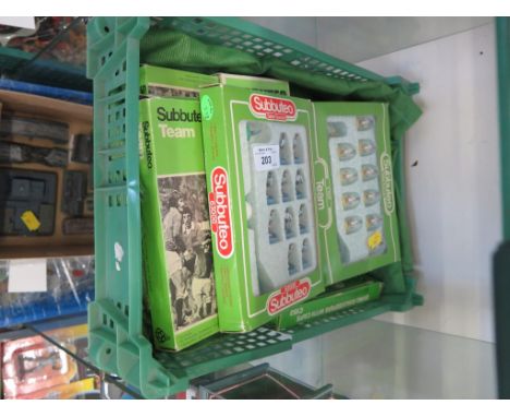 Subbuteo, six full teams in original packaging and a pair of goalkeepers with caps boxed