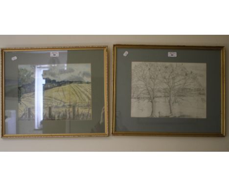 John A. Kim 'Cornfield Near Howick Burn' Watercolour, inscribed, signed and dated 1973 25cm x 32cm And a pencil sketch of tre