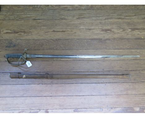 A Royal Artillery officers sword in metal scabbard, length of blade 89cm long