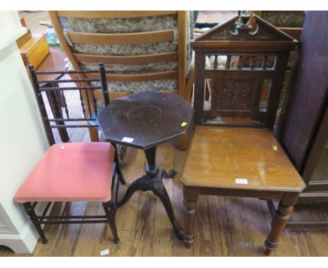 An Edwardian oak hall chair, with triangular top rail and turned legs, a child's turned chair, a marble top table, as found, 