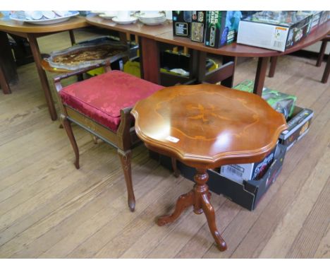 An Edwardian inlaid piano stool, two Sorrento inlay tripod tables and a shaped tray (4)