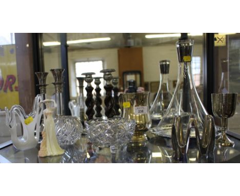 Two pairs of candlesticks, a Coalport figure Imogen (Debutante), a glass decanter, other glassware and metalware