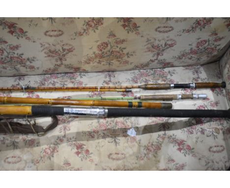 A vintage Bamboo 2pc beach caster type rod, a Milbro gem fiberglass fly rod in poor condition and 2 pieces of split cane fly 