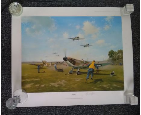 Scramble by Gerald Coulson 32 x 17 inch print numbered 185/850. A telephone rings at a typical flight dispersal: a call from 