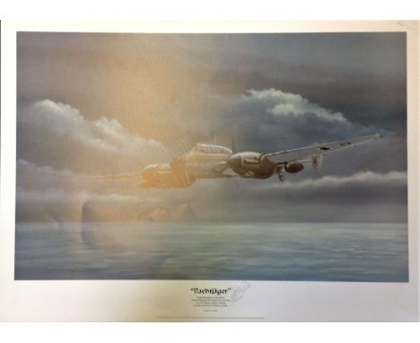World War Two 20x27 print titled "Rachtjager" Night Defender of the Reich Messerschmitt 110 Sweeps low and Fast over the Rhin