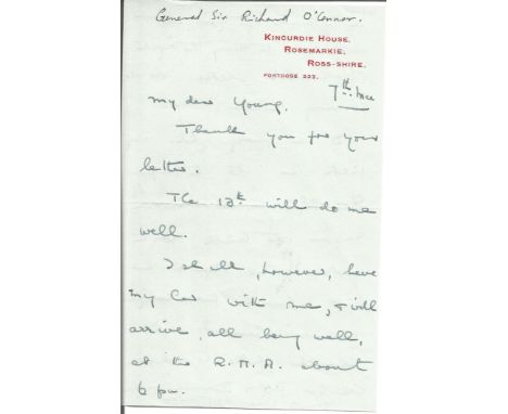 General Sir Richard O'Connor hand written letter on personal stationary regarding a visit and talk to the Napier Society and 