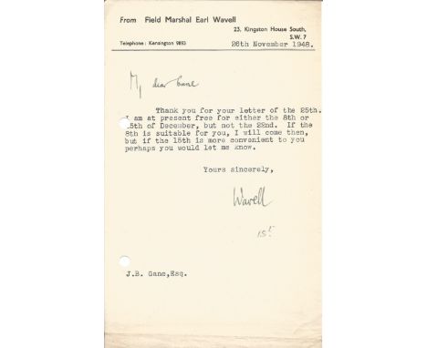 Field Marshall Earl Wavell typed signed 1948 letter on his own stationary replying to an invitation. Archibald Percival Wavel