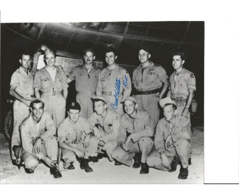 WW2 Atomic bomber Brig Gen Paul Tibbetts signed 10 x 8 photo standing with crew below the Enola Gay. He is best known as the 