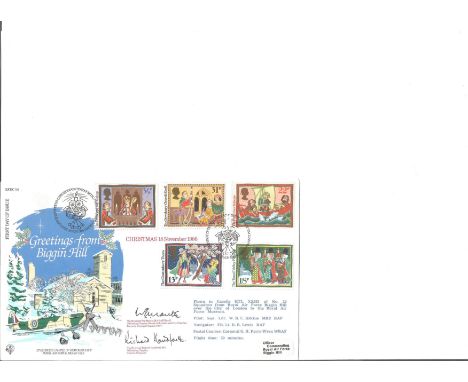 Rev E Mantle and Ref R Handforth signed 18/11/86 Christmas official RFDC50. Greetings from Biggin Hill set 5 stamps. Flown in