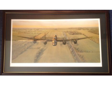 World War Two 21x35 framed and mounted print titled Merlins Thunder Lancaster Departure by the artist Gerald Coulson. RAF WW2