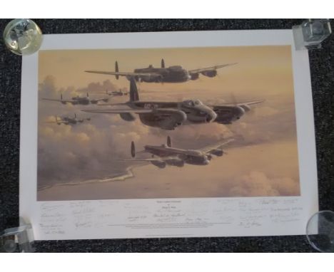 Strike Leaders Outbound WW2 print 28 x 20 by Phillip West numbered 309/1000 signed by 26 Lancaster and Mosquito veterans plus