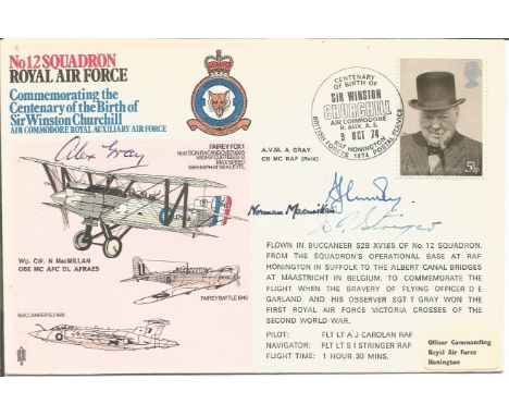 Great War AVM A Gray, Wg Cdr N MacMillan WW1 Ace, Flt Lt A J Carolan and Flt Lt S I Stringer signed No 12 Sqn cover commemora