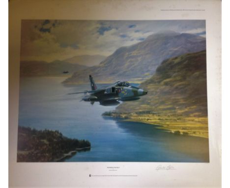 RAF Aviation print 26x32 approx titled Thunder in the Hills signed in pencil by the artist Gerald Coulson 444/850 slight foxi