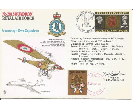 Wg Cdr J M Alcock signed No 201 Squadron cover Guernsey's Own Squadron with more signatures on back. Carried by Courier from 