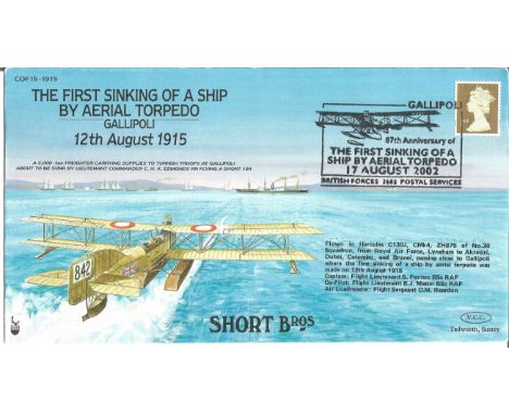 Great War flown cover COF 15 -1915. The First Sinking of a Ship by Aerial Torpedo, Gallipoli, 12th August 1915. Cover illustr