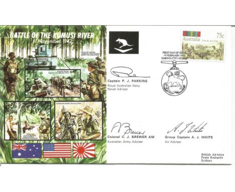 Battle of Kumusi River official triple signed Royal Air Force cover JS/50/42/13. Signed by Captain P J Parkins, Colonel C J B