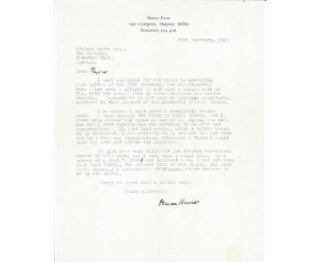 Gen Brian Horrocks typed signed letter dated 1969 on his own stationary, regarding the story of Nurse Cavell and a broadcast 