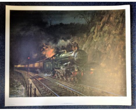 Railway Print 24x30 approx titled Night Express signed in pencil by the artist Terence Cuneo.  Good Condition. All autographs