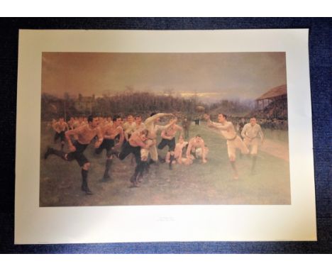 Rugby print 37x28 approx titled The Rugby Print by the artist William Barnes Wellen depicting an early game of Rugby Union.  