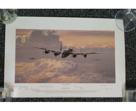 Outward Bounds WW2 19 x 12 print by Phillip West signed by 7 WW2 bomber veterans including Benny Goodman 617 sqn, Rusty Waugh