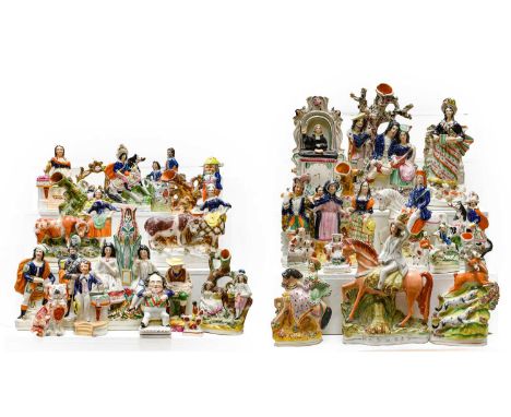 A quantity of Victorian and later Staffordshire pottery flatback figures, portrait figures and spill vases (two trays)