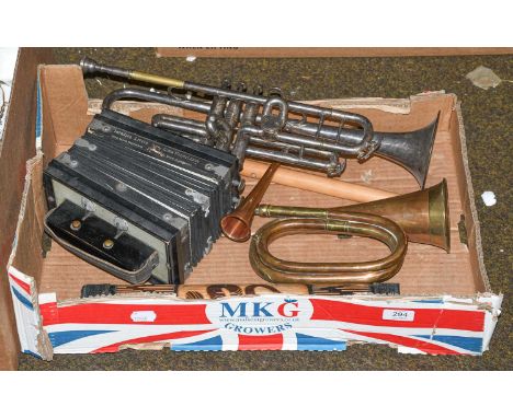 A trumpet stamped Super Ref, brass and copper bugle stamped John Grey &amp; Sons, a brass and silver-plated hunting horn make