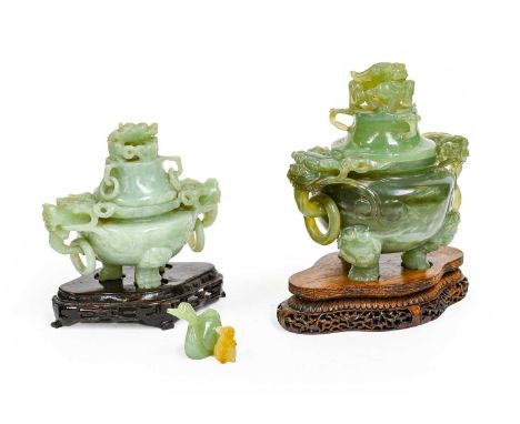 A modern Chinese jade censer and cover on wooden stand, together with a similar pale celadon jade censer, a jade model of a d