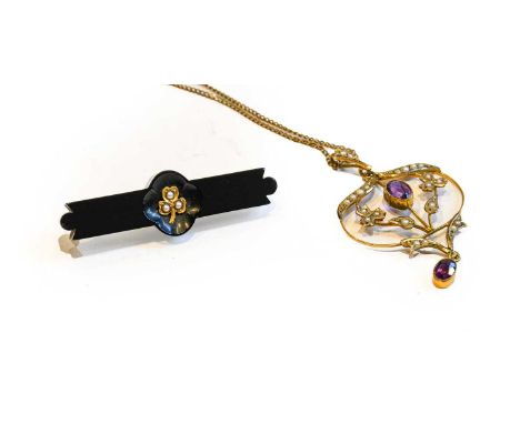 An Edwardian amethyst and split pearl pendant on chain; a split pearl brooch, stamped '9CT', length 4.0cm; and a another spli
