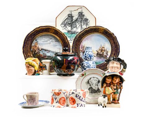 A quantity of ceramics including a pair of Spode Armada series cabinet plates, Hummel figure, small 19th century Chinese blue