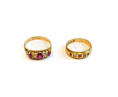 Two 18 carat gold synthetic ruby and diamond rings, finger size K and PCondition report: Gross weight 5.6 grams.