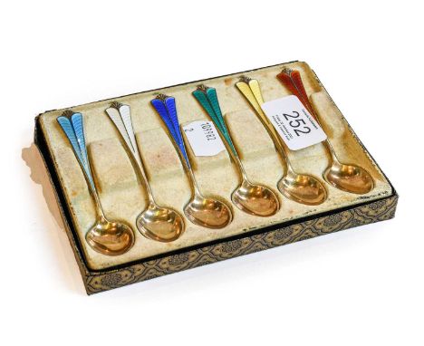 A Set of Six Norwegian Silver-Gilt and Enamel Teaspoons, by David Andersen, First Half 20th Century, each with differing colo