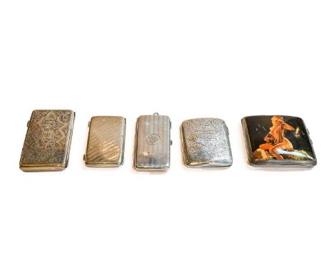 A collection of five various silver cigarette or card cases, four variously engine-turned or engraved with foliage and one wi