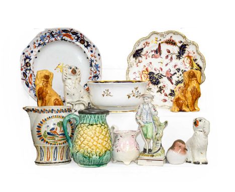 A quantity of ceramics,  mainly English 19th century, including: a Prattware jug, Majolica pineapple jug with pewter cover, W