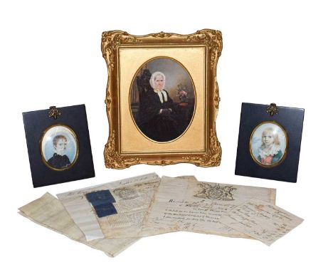 English School (19th/20th century) Two portrait miniatures of children in the 18th/19th century style, together with a portra