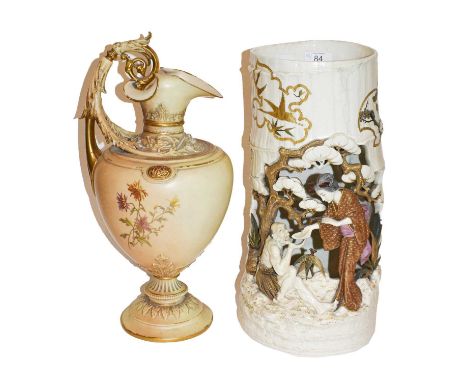 A large Royal Worcester blush ivory ewer (a.f), a large Royal Worcester aesthetic movement stand with Japanese decoration, da