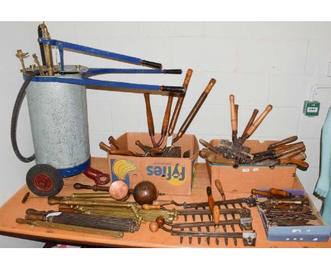 A group of 19th century and later garden tools and equipment including French hedge shears, further hedge shears by Ridgeway 