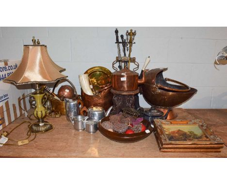 A large quantity of assorted metalwares and wood items to include fire tools, two copper coal scuffles, a turned treen bowl, 