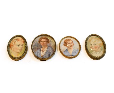 Two portrait miniatures on ivory, including one signed K.W Walker; together with two watercolour portraits (4)