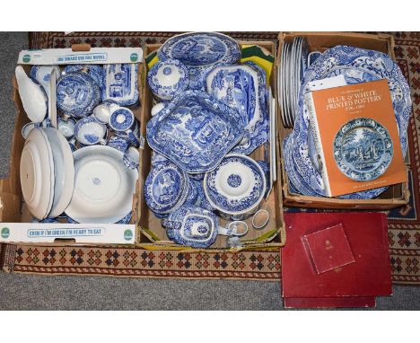 A large quantity of Spode blue and white pottery in the Italian landscape design, including tureens, sauceboat, teapot, and m