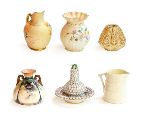 A group of Royal Worcester blush ivory, a white glazed jug, a Hadley's vase, and a Victorian Royal Worcester flower encrusted