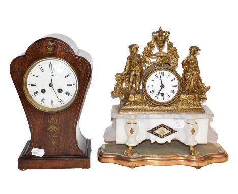 A 19th century striking mantel clock in mahogany and brass inlaid balloon case, with enamel dial, works stamped Samuel Marti;