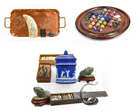 A quantity of assorted items including a pair of Chinese jade coloured hardstone carvings, Wedgwood Jasperware biscuit barrel