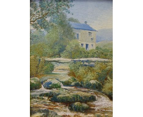 LATE 19TH/EARLY 20TH CENTURY small oil on board, indistinct artist's monogram, possibly S H B depicting a rural house amongst